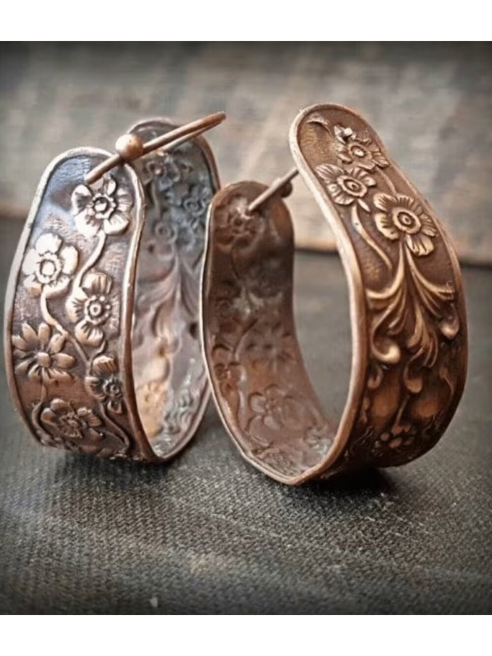 Vintage Boho Copper Floral Carved Wide Chunky Open J Hoop Earrings Antique Style - Picture 6 of 10